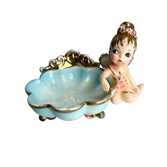Josef Originals Sprite Trinket Dish Pixie Fairy Figurine Blue Gold Rare Vintage - Picture 1 of 13